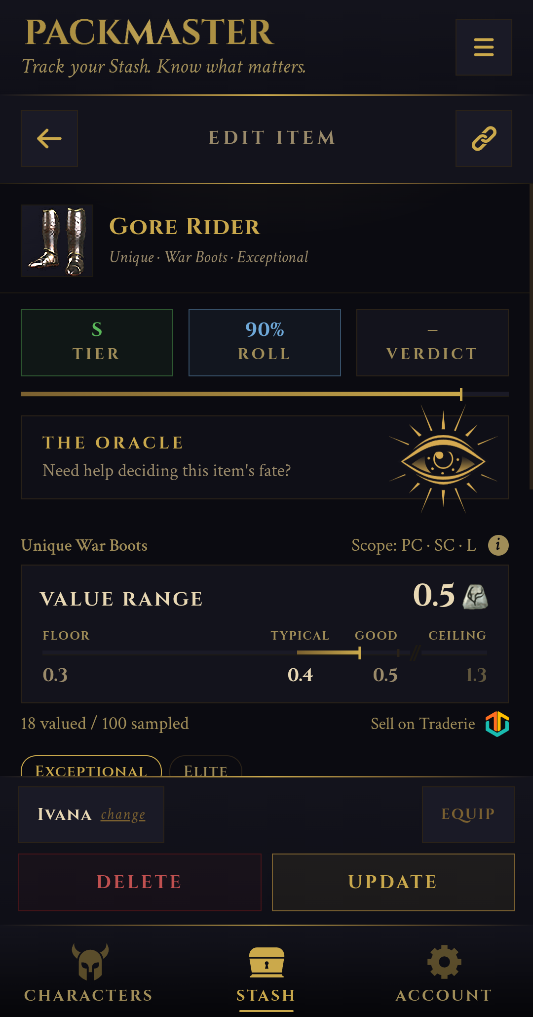 A found item opened on the grail, showing the stash entry, its character, and the roll score