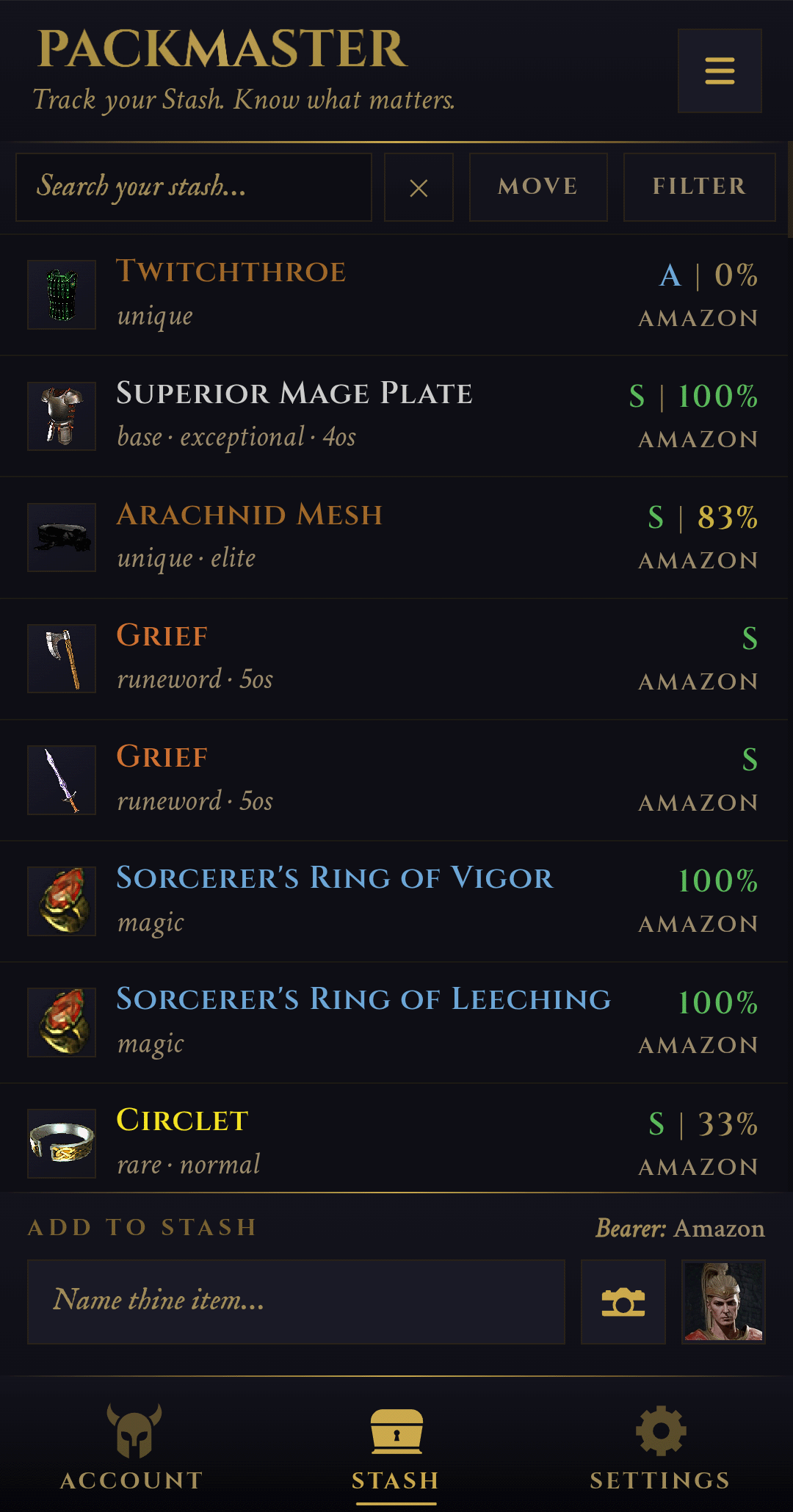 Filter and search your entire stash across every character
