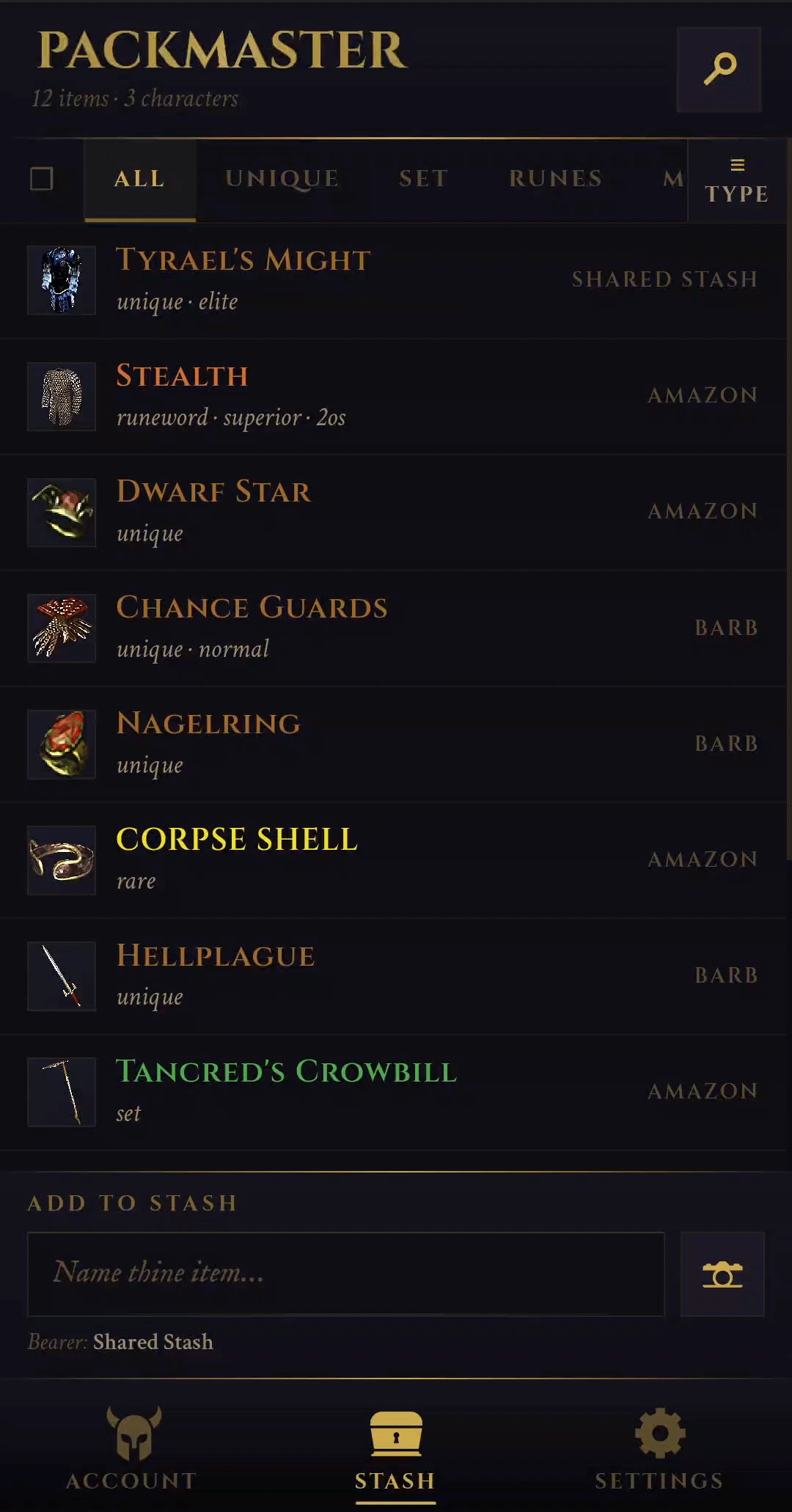 Filter and search your entire stash across every character